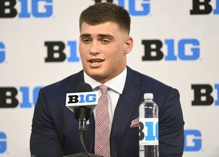 Jul 23, 2021; Indianapolis, Indiana, USA; Indiana Hoosiers linebacker Micah McFadden speaks to the media during Big 10 media days at Lucas Oil Stadium.
